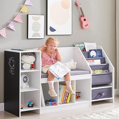Kids Reading Nook with Sling Bookshelf, Toy Organizer with Bench and Black Board, 5 in 1 Kids Bookcases for Nursery or Children's Room