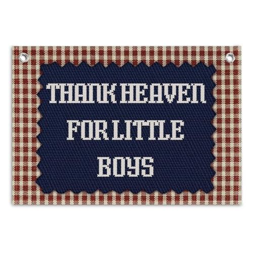 KDHTY Boys Nursery Decor,Thank Heaven for Little Boys Linen Banner,Baby Shower-Gift,Vintage Canvas Wall Hanging,Navy Blue Baby Room Decoration,Blue Gingham Wall Art Hanging for Toddler 20x30 Inch