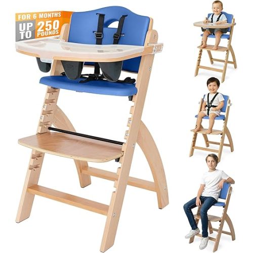 Abiie Beyond Junior Wooden High Chair for Babies and Toddlers - Convertible 3-in-1 Baby Highchair with Removable Tray - 6 Months to 250 Lb - Water Resistant - Natural Wood/Blueberry Cushion