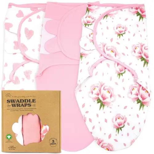 Bublo Baby Swaddles for Newborns – 3-Pack Infant Swaddles 3-6 Months – Adjustable Swaddle Sleep Sack – Soft Organic Cotton Baby Wrap for Safe & Cozy Sleep (Hearts-Flowers)
