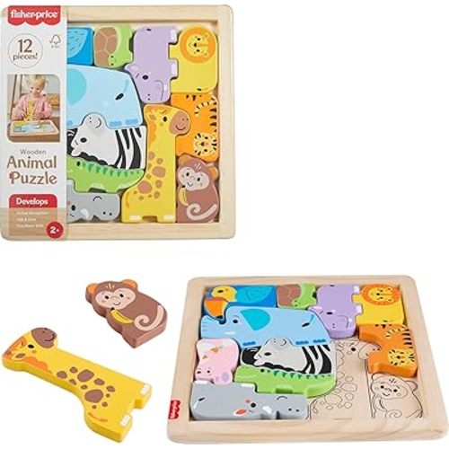Fisher-Price Wood Toddler Toy Animal Puzzle, 13 Piece Wooden Shape-Sorting Activity for Preschool Kids Ages 2+ Years