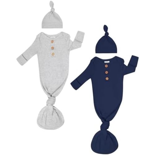 MIMINESTBABY Newborn Knotted Sleep Gown with Hat, Soft Baby Nightgown with Mitten Cuffs, Hospital & Coming Home Outfit