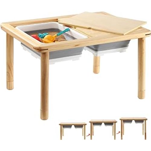 FUNLIO Wooden Sensory Table with 2 Bins for Toddlers 1-5, 3-Level Height Adjustable Kids Sensory Table with Anti-Warping Plywood Lid, Indoor/Outdoor Play Sand and Water Table, CPC Certified