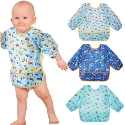 Lictin 3 Pack Baby Bibs for Boy or Girl, Cute Long Sleeve Bib, Waterproof Bibs for Toddlers