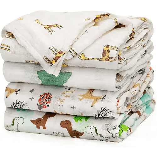 upsimples Baby Swaddle Blanket Unisex Swaddle Wrap Soft Silky Muslin Swaddle Blankets Neutral Receiving Blanket for Boys and Girls, 47 x 47 inches, Set of 4 - Fox/Elephant/Giraffe/Dinosaur