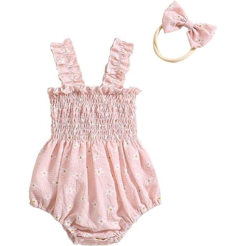 Kuriozud Newborn Baby Girl Smocked Bubble Romper Floral Halter Jumpsuit Headband Outfit Infant Clothing Cute Summer Clothes