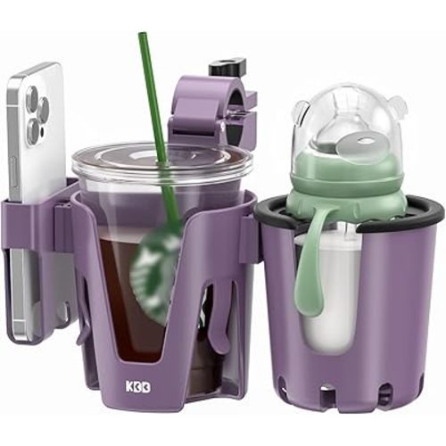 KDD Stroller Cup Holder with Phone Holder, 3-in-1 Removable Bottle Holder, 360 Degrees Rotation Drink Holder for Wheelchair, Stroller, Bike, Walker, Scooter, Bicycle, Nuna, Bugaboo, Doona (Purple)