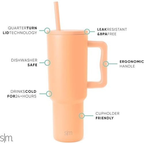 Simple Modern 40 oz Tumbler with Handle and Straw Lid | Insulated Cup Reusable Stainless Steel Water Bottle Travel Mug Cupholder Friendly | Gifts for Women Men Him Her | Trek Collection | Bellini