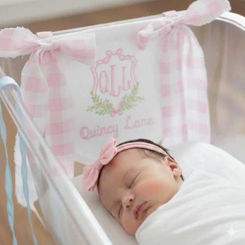 Baby Banner with Custom Embroidered Monogram Frame - Gingham Baby Girl Banner - Pennant Banner with Monogram