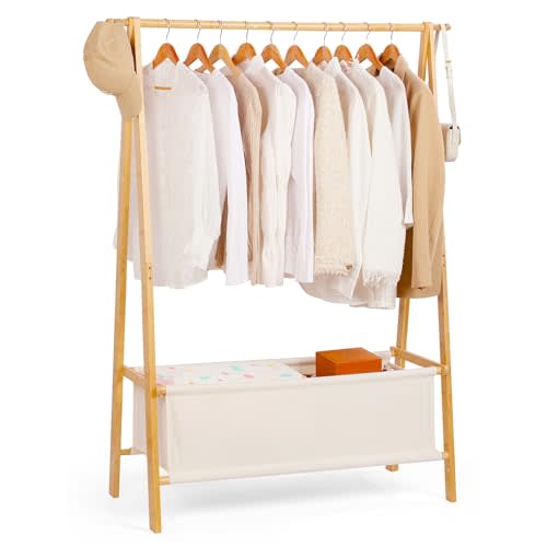 Relquorax Bamboo Clothes Rack with Storage Box, Portable Extra Large Garment Rack Clothing, Foldable Wardrobe For Entryway and Bed Room (L)