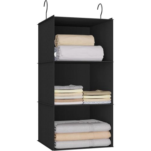 Hanging Closet Organizer - 3-Shelf, Easy Mount Foldable Wardrobe Storage Shelves for Clothes, Handbags, Shoes & Accessories - Washable Oxford Cloth Fabric, Black