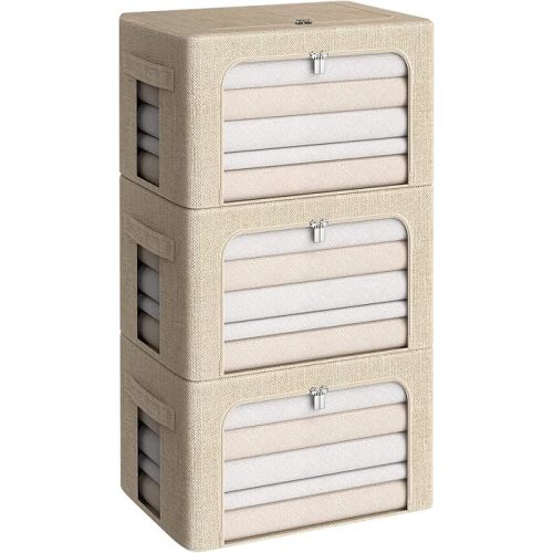 3Pack Foldable Storage Bins - Frame Storage Box Linen Fabric Stackable Clothes Container Organizer with Clear Window & Carry Handles Large Capacity (Medium-36L, Beige)