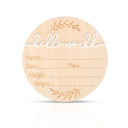 Baby Announcement Sign, 5.9 Inch Wooden Hello World Baby Name Plaque, Newborn Welcome Sign, Birth Announcement Sign for Hospital Photo Prop Home Decorations
