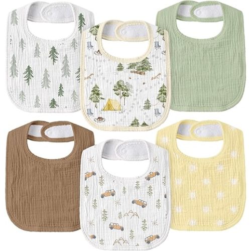 GLLQUEN BABY Muslin Drool Bibs for Boys Girls 6 Pack, Adjustable Baby Bibs for Drooling and Teething, Soft Cotton Baby Bandana Bib for Newborn Feeding Essentials (Cross-country Adventure)