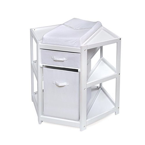 Badger Basket Corner Diaper Changing Table with Laundry Hamper, Storage Bin, and Contoured Pad for Baby - White