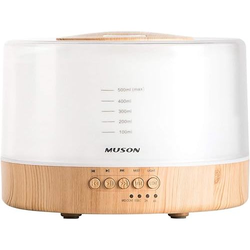 muson Essential Oil Diffuser Sound Machine Combo Diffuser for Aromatherapy Fragrant Oil Cool Mist Humidifier with Natural Sound Music & Warm Night Light, Auto Shutoff, White