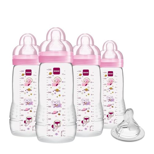 MAM Easy Active Baby Bottles 11 oz with Bonus Nipple, Fast Flow Skinsoft Silicone Nipple with Wide Neck Ergonomic Design, Easy to Hold, BPA-Free Bottles with Leak-Proof Caps for 4+ Months Baby, Girl