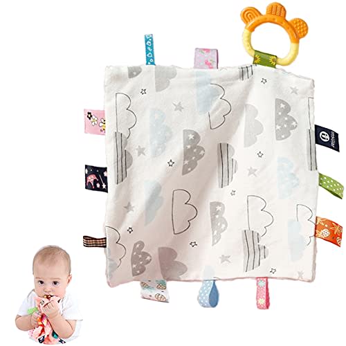 HECCEI Baby Tags Security Blankets - Baby Soothing Plush Blanket with Colorful Tags, Square Sensory Toys, 10 x 10 inches, for 3-12 Months Babies