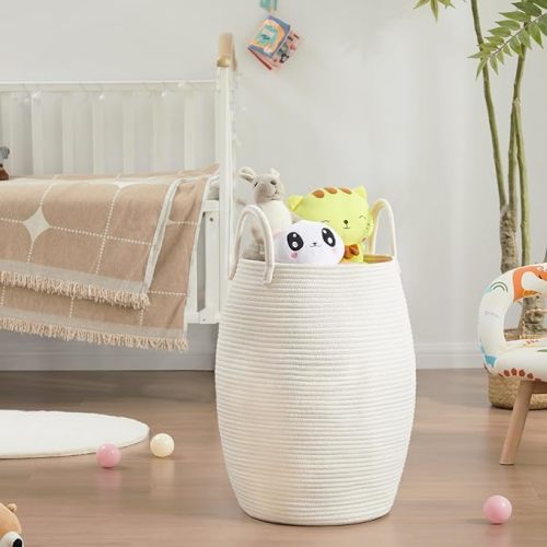 Cotton Rope Laundry Hamper Basket, 65L Woven Large Laundry Basket, Tall Dirty Clothes Hamper for Storage Blankets, Toys in Bedroom, Living Room Organizing-Collapsible-Beige