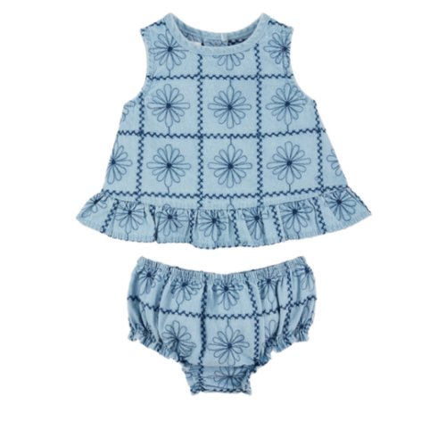 (9-12M) Embroidered Denim Pinafore Set