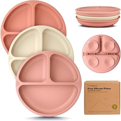 KeaBabies Suction Plates for Baby, Toddler - 3-Pack 100% Silicone Toddler Plates, Divided Baby Plates with Suction, Silicone Plates for Baby, Kids, BPA-Free, Microwave, Dishwasher Safe (Roseate)