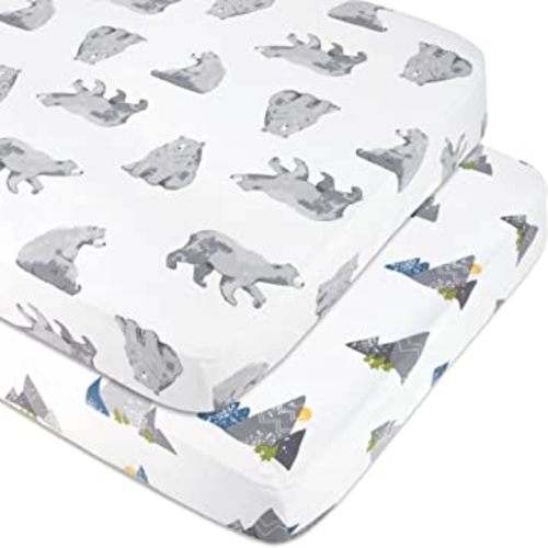 Standard Microfiber Fitted Crib Sheets for Baby Girl, Baby Boy, and Neutral, 2 Pack Crib Sheets Crib Essentials for Baby 28x52 Crib Sheets (Bears & Mountains)