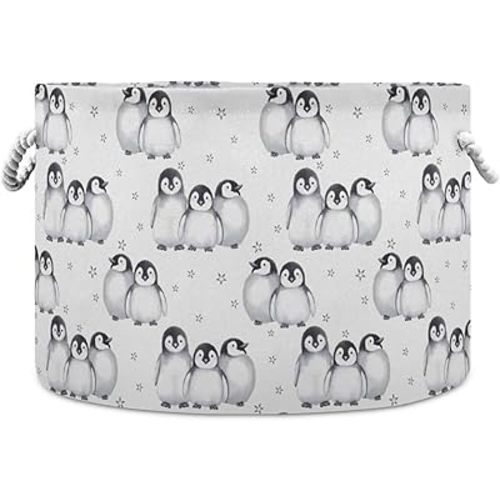 ALAZA Penguin Storage Basket Penguin Basket Large Penguin Storage Basket Round Clothes Hamper Bin Canvas Organizer Box Cotton Rope Collapsible Bucket
