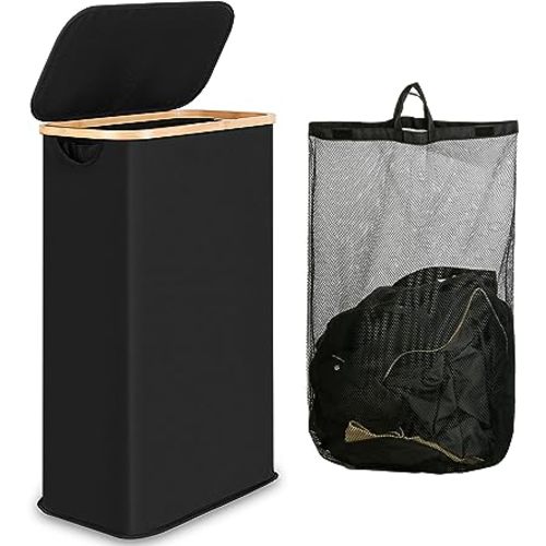 Slim Laundry Hamper, Narrow Laundry Basket with Lid,Foldable Clothes Hamper with Bamboo Handles,Hamper Basket with Removable Inner Bag for Laundry Room Bedroom College Dorm,60L Black