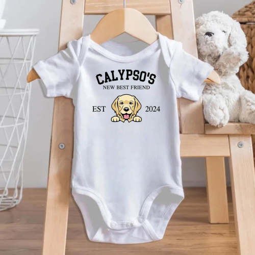 Custom Dogs New Best Friend Baby Bodysuit, Personalized New Best Friend Baby Onesie, Dog Name Baby Onesie, Dog Best Friend Baby BodySuit OS0643