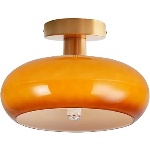 Modern Glass Flush Mount Ceiling Light, Orange Gold Mid Century Hallway Light Fixtures, Vintage Glass Ceiling Lamp, Brushed Brass Dining Room Light Fixture