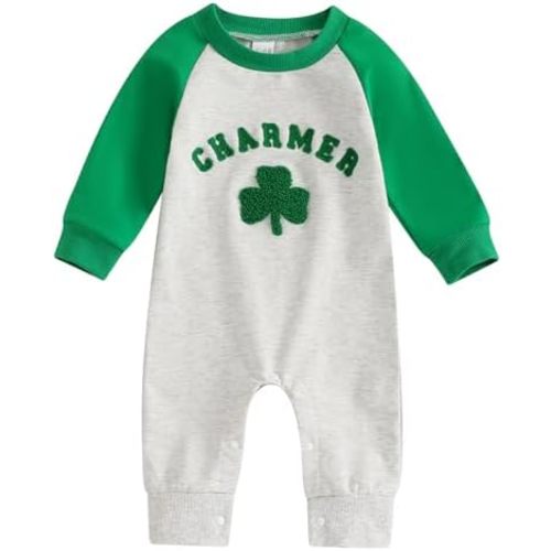 Karuedoo Newborn Baby Boy Girl St Patricks Day Outfit Charmer Clover Embroidery Long Sleeve Romper Jumpsuit Irish Outfit