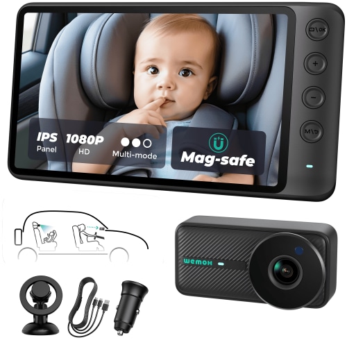 NO.1 Magnetic Baby Car Camera, 5'' 1080P IPS Monitor with Auto Night Vision, 360° Rotation & Zoom/Mirror Modes, USB-Powered Baby Monitor for Rear-Facing Car Seats, Includes Car Charger