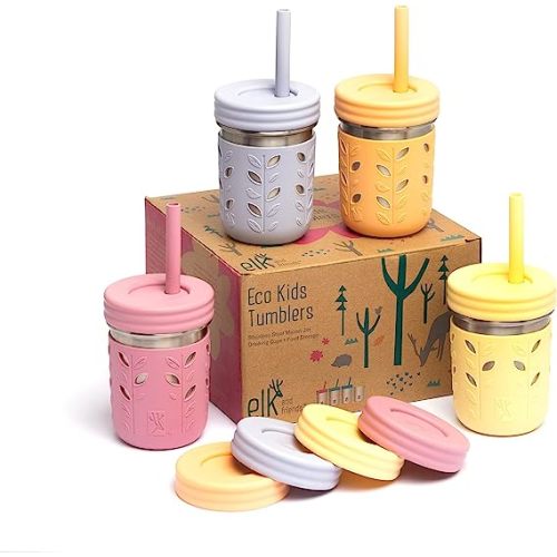 Elk and Friends 10oz Stainless Steel Kids + Toddler Drinking Cups | The Original Mason Jar with Sleeves + Lids | Silicone Straws | Smoothies | Storage Jar | Spill Resistant | Dishwasher Safe | 4 Pack