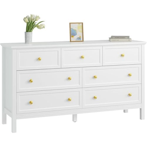 CARPETNAL White Dresser for Bedroom, 7 Drawer Dresser with Wide Drawers and Gold Metal Handles, 55" White and Gold Dresser TV Stand, Modern Dressers & Chests of Drawers for Hallyway, Entryway.