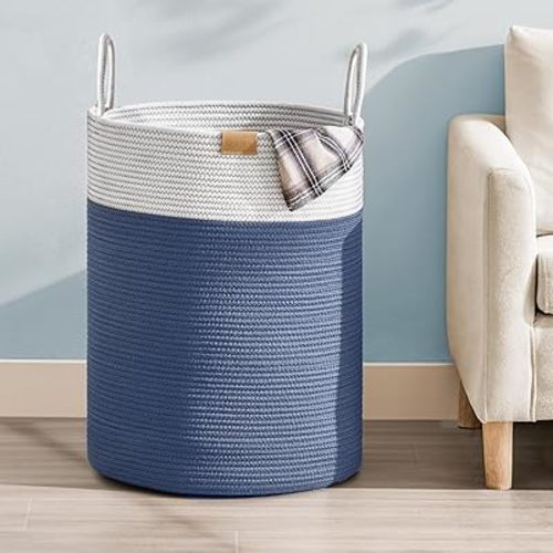 75L Laundry Hamper Basket,Baby Nursery Woven Storage Basket for Toys Bin,Pillows,Blankets,Clothes,Navy Blue