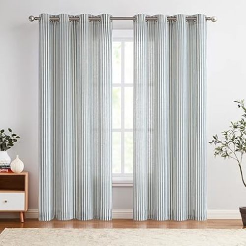Vangao Linen Blend Stripe Curtains Tickingstripe Light Filtering Window Curtains Blue Pinstripe Printed on Beige Drapes 96 Inches Long for Living Room Bedroom Grommet Top 2 Panels