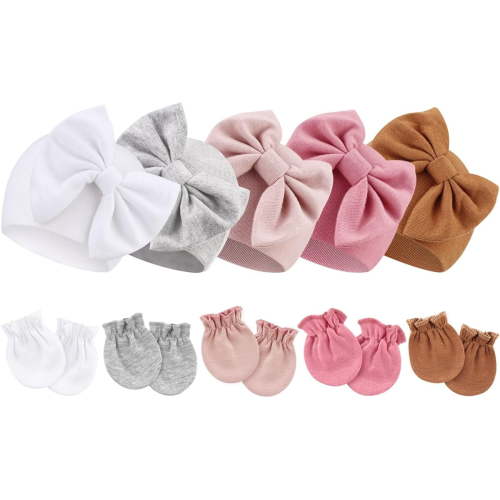 Dalrosia Newborn Baby Hats and Mittens Set Infant Bow Beanie Cap Toddler Gloves Newborn Hospital Hats for Baby Boy Girl 0-6 Months