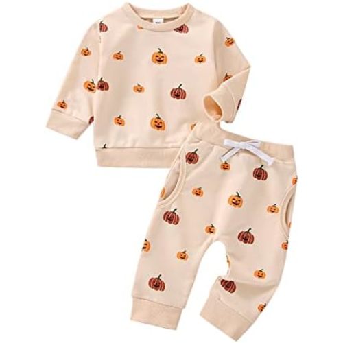 Toddler Baby Boy Halloween Outfits Cute Pumpkin Sweatshirt Top and Pant Set Infant Long Sleeve Clothes Apricot Pumpkin
