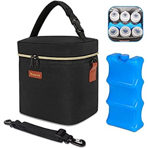 Breastmilk Cooler Bag with Ice Pack, Fits 6 Baby Bottles Up to 9 Ounce Insulated Baby Bottle Bag, Mancro Breast Milk Cooler on The go with Strap, Baby Bottle Cooler Bag for Nursing Mom Daycare, Black