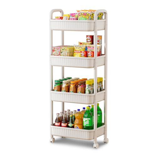 JOYZAN 4 Tier Rolling Carts with Wheels, Utility Cart with Handle and Locking Caster, Storage Cart for Kitchen, Office, Bedroom, Suitable for Diaper, Art Tools, Snack, Craft Storage Cabinet, White