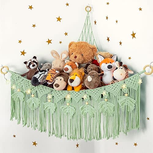 ANROYE Macrame Stuffed Animal Storage with Star Light, Bear Green Hammock for Girls Room Decor, Corner Hanging Mesh Organizer Idea for Nursery, Plushies Toy Wall Hanging Display Holder Kid Boy Gift