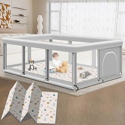 Large Baby Playpen with Mat, 74" ×50", Large Play Yards Indoor & Outdoor, Sturdy Safety Baby Play Pen with Soft Breathable Mesh, Toddlers Play Pen with Anti-Slip Base, Mat Included