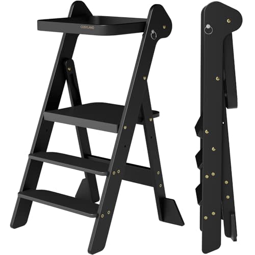 COSYLAND Foldi Foldable Toddler Kitchen Stool Helper - Adjustable Height Toddler Standing Tower with Net & Safety Feet, IF Award-Winning Wooden Learning Step Tower for Kids Ages 18M-6Y, Black