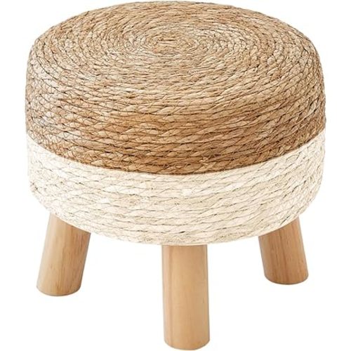 Round Ottoman Natural Seagrass Footstool, Round Footstool with 4 Wood Legs, Hand Woven Round Footstool, Sofa Stool, Multifunctional Modern Dressing Stool, Sofa Side Table for Bedroom (White)