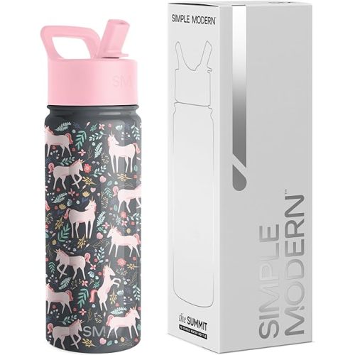 Simple Modern Kids Water Bottle with Straw Lid | Insulated Stainless Steel Reusable Tumbler for Toddlers, School | Summit Collection | 18oz, Unicorn Fields