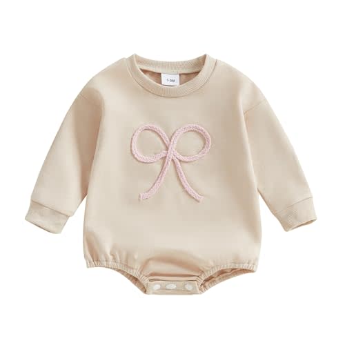 KtwHarnu Newborn Baby Girl Fall Outfit Bow Oversized Sweatshirt Bubble Romper Long Sleeve Sweater Bodysuit One-Piece Jumpsuit