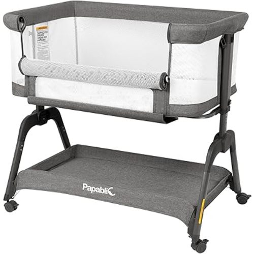 Papablic Baby Bassinet, Bedside Bassinet for Baby with Four-Sided Breathable Mesh & Soft Mattress, Adjustable Bassinet Bedside Sleeper with Storage Basket and Wheels, Easy to Assemble, Grey