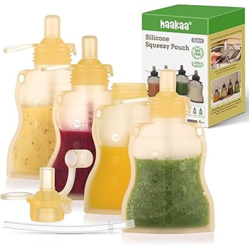 haakaa Silicone Refillable Squeezy Baby Food Yummy Pouch Homemade Organic Food for Babies/Toddlers/Kids, 4 Pack 4 oz, Banana,6 m+