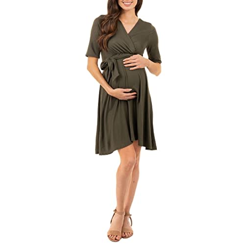 Mother Bee Maternity Knee Length Wrap Dress with Adjustable Belt