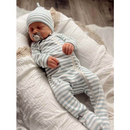 Dusty Blue Stripe / Organic Ribbed Zip Footie